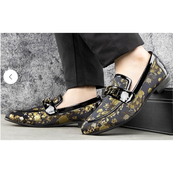 Jitai Gold Flower Print  Men's Italian‎ Loafers Dress Shoes Size 10 - Picture 1 of 13